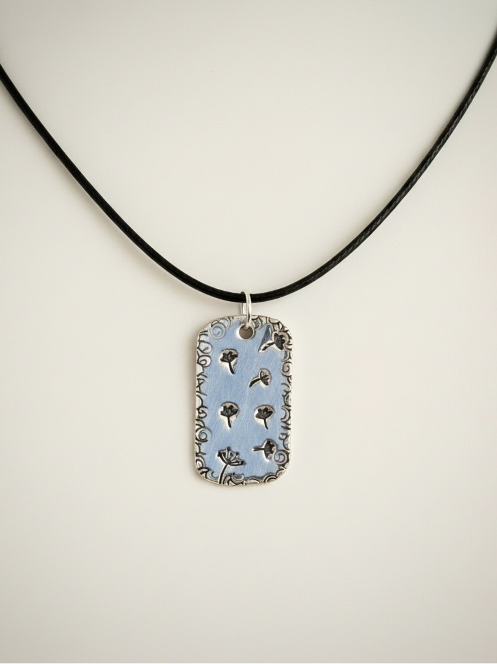 Handmade stamped dandelion silver dog tag pendant black leather‎ cord necklace